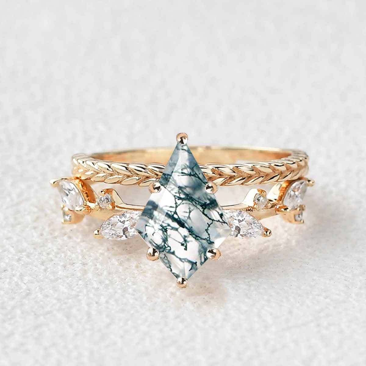 Anillo de compromiso de plata de ley con ágata musgosa y hojas talladas en forma de cometa bañadas en oro rosa-6