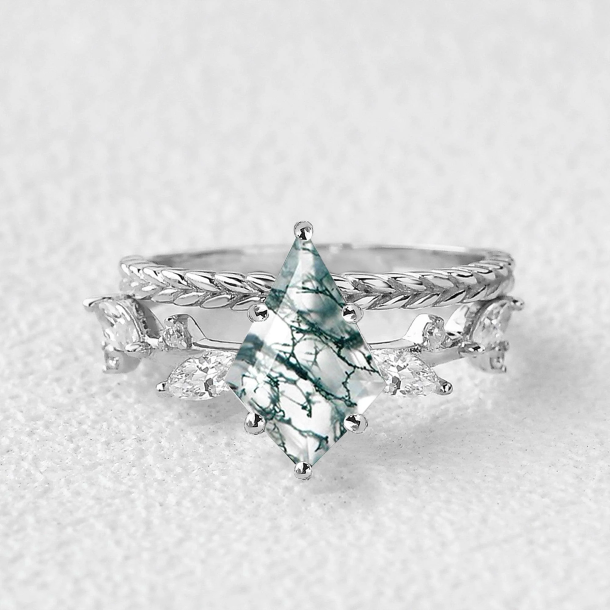 Anillo de compromiso de plata de ley con ágata musgosa y hojas talladas en forma de cometa bañadas en oro rosa-7