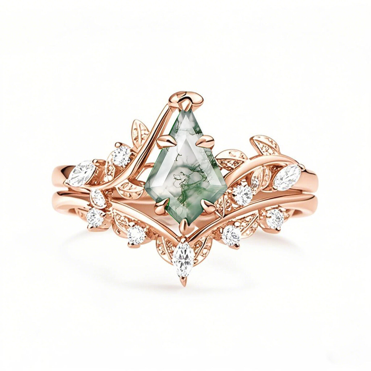 14K Rose Gold Kite Cut Leaves Moss Agate Engagement Ring-1