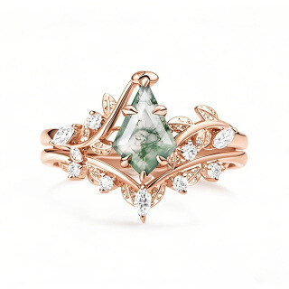 Sterling Silver with Rose Gold Plated Kite Cut Leaves Moss Agate Engagement Ring-10