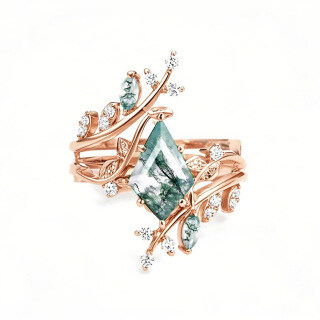 Sterling Silver with Rose Gold Plated Kite Cut Moss Agate Engagement Ring-19