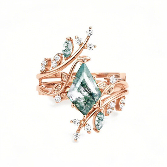 Sterling Silver with Rose Gold Plated Kite Cut Moss Agate Engagement Ring