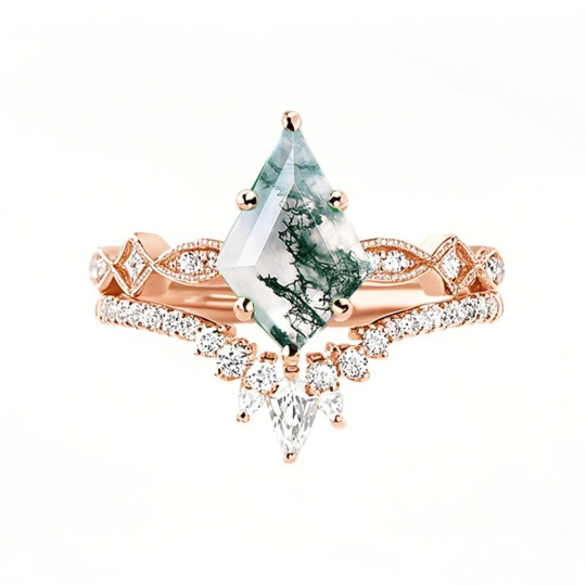 10K Rose Gold Kite Cut Moss Agate Engagement Ring