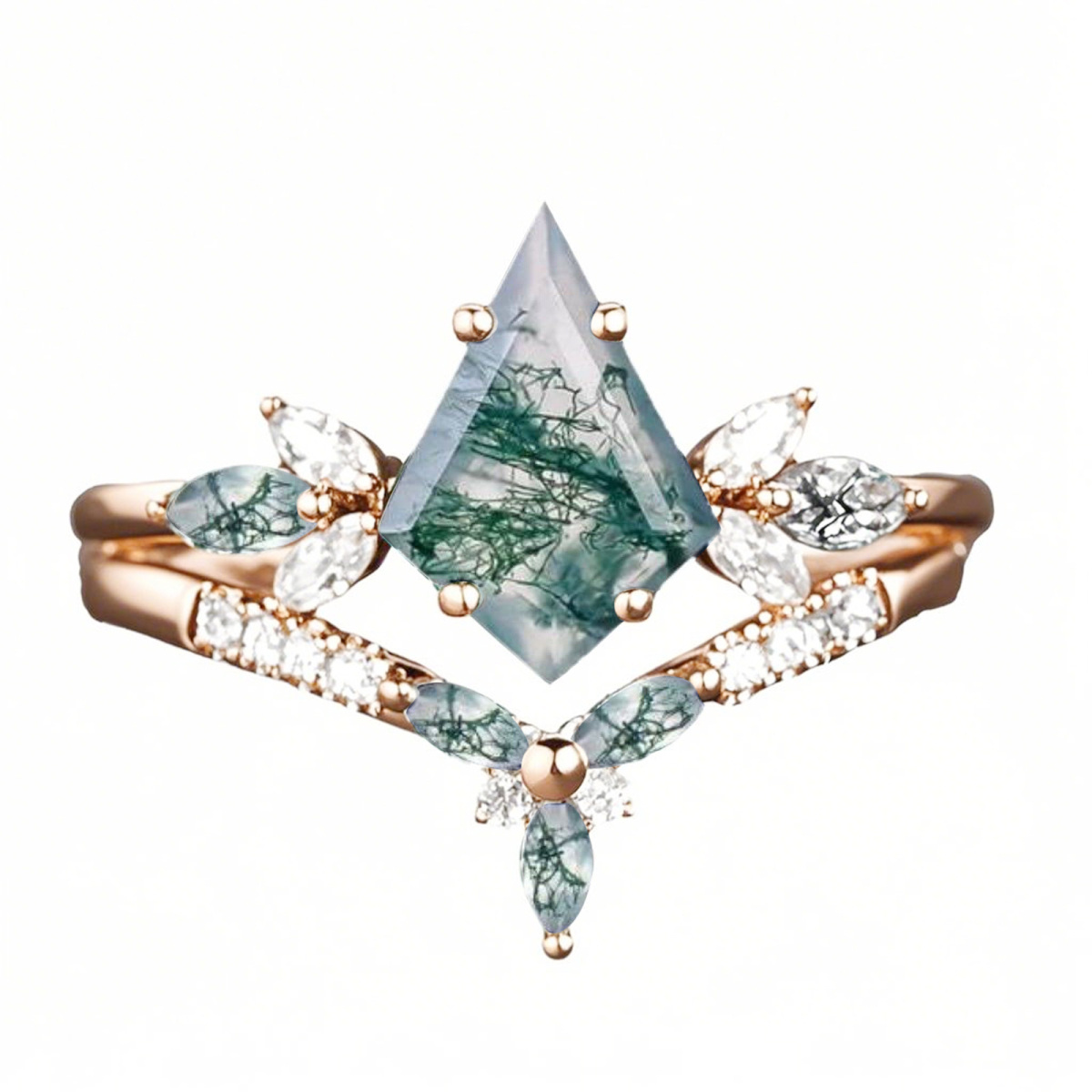 Anillo de compromiso de oro rosa de 14 quilates con moissanita y ágata musgosa talla cometa para mujer. Grabado gratuito.-1
