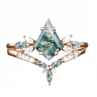 Anillo de compromiso de oro rosa de 10 quilates con moissanita y ágata musgosa talla cometa para mujer. Grabado gratuito.-3