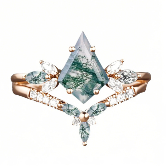 10K Rose Gold Kite Cut Moss Agate & Moissanite Engagement Ring for Women Free Engraving