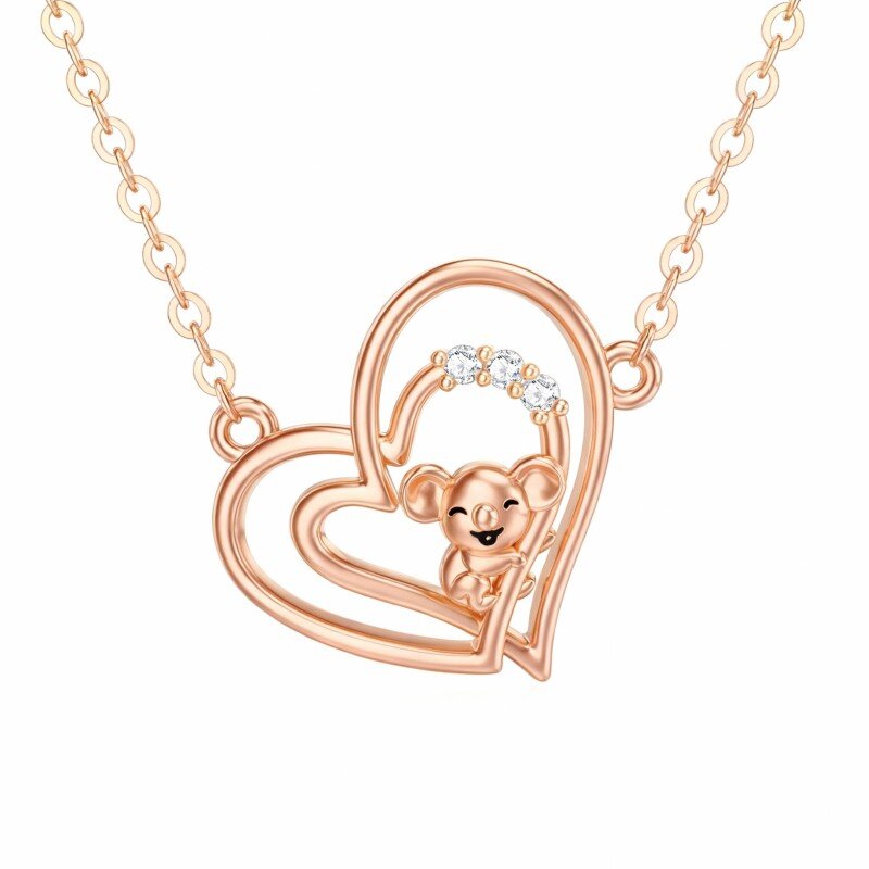10K Rose Gold Cubic Zirconia Koala & Heart With Heart Pendant Necklace-1