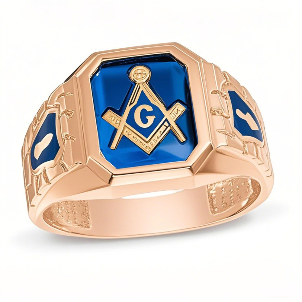 18K Rose Gold Lab-Created Blue Sapphire Masonic Nugget Custom Ring for Men-1