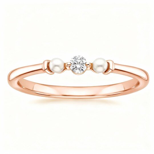10K Rose Gold Lab Created Diamond & Pearl Custom Personalized Engraving Wedding Ring F/G Color SI1 Clarity 3EX