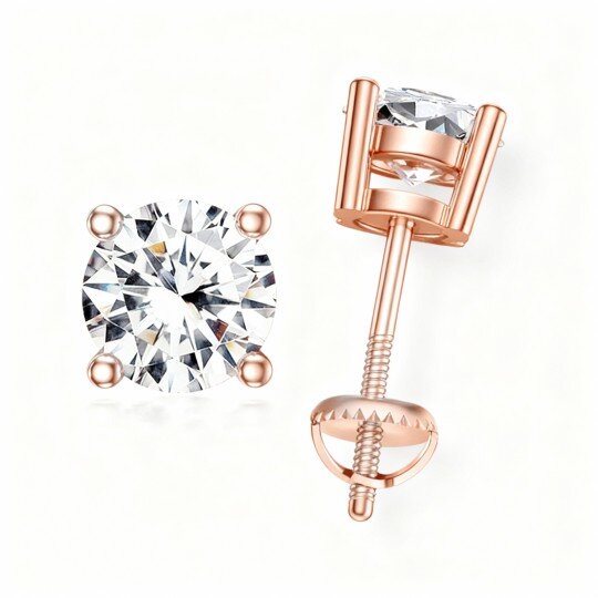 Brincos de pino redondos em ouro rosa 14K com diamantes criados em laboratório.