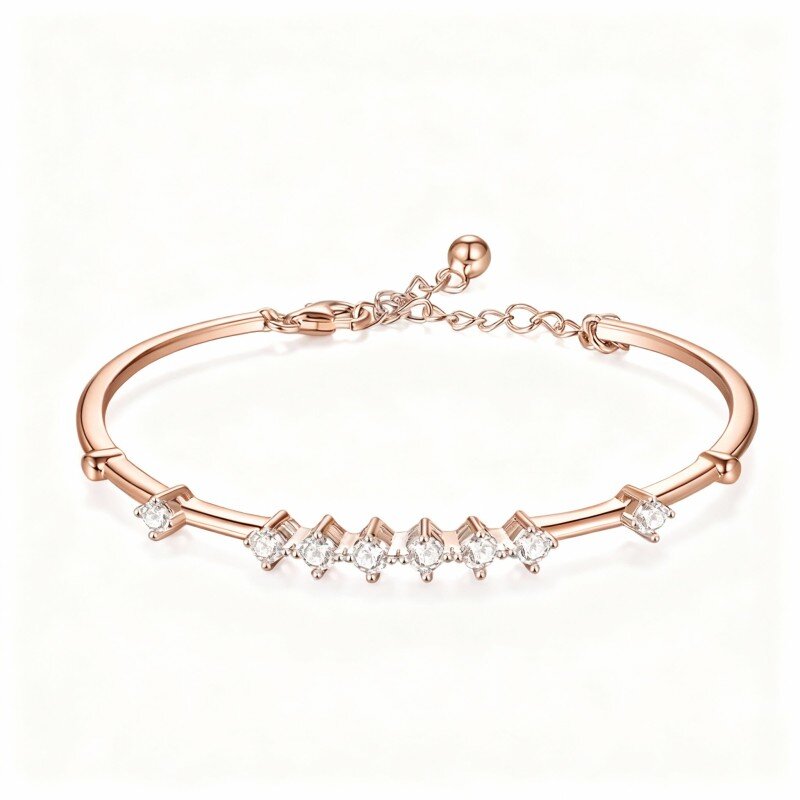 Pulseira rígida lisa em ouro rosa 10K com diamantes de laboratório-16