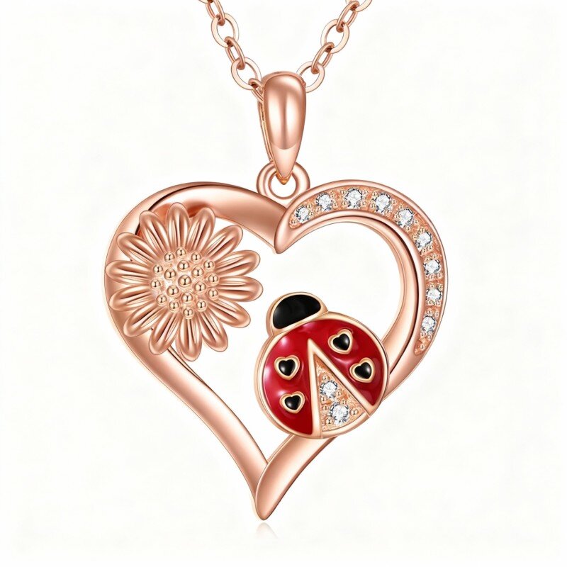 18K Rose Gold Cubic Zirconia Ladybug & Wildflowers & Heart Pendant Necklace-1