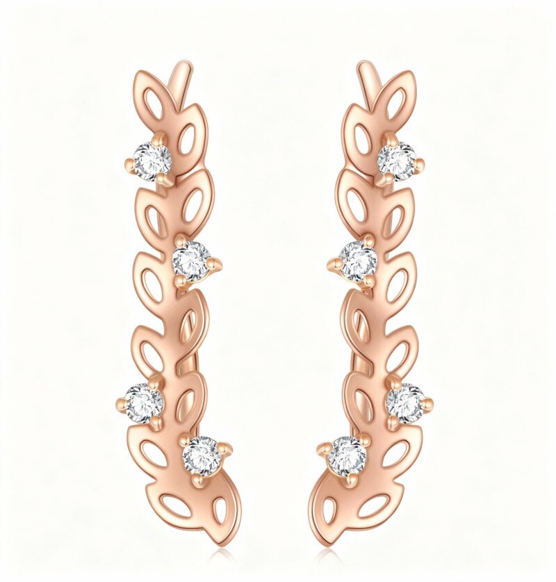 Boucles d'oreilles grimpantes en or rose 14 carats et zirconiums cubiques, motif feuilles-1