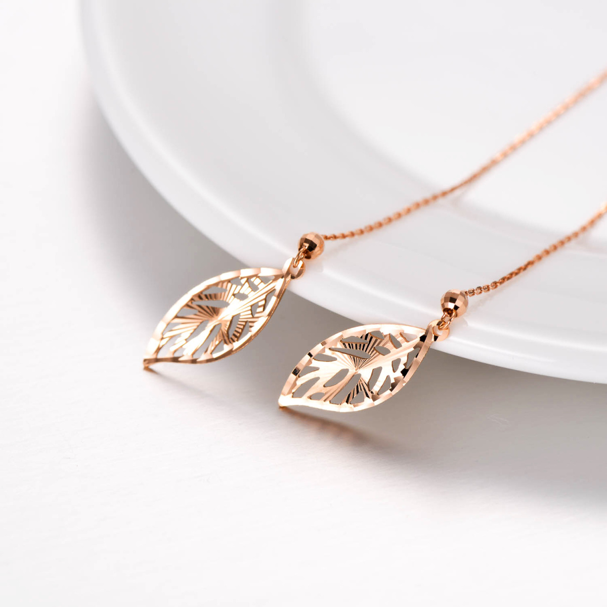 18K Rose Gold Leaves Drop Earrings-3