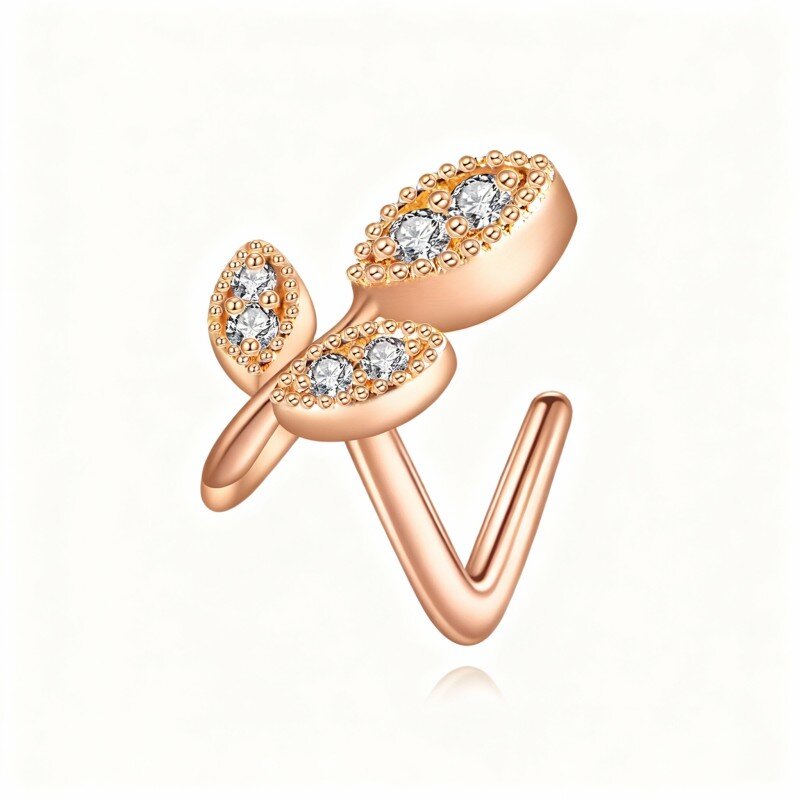 Anello al naso in oro rosa 10K con foglie di zirconia cubica-1