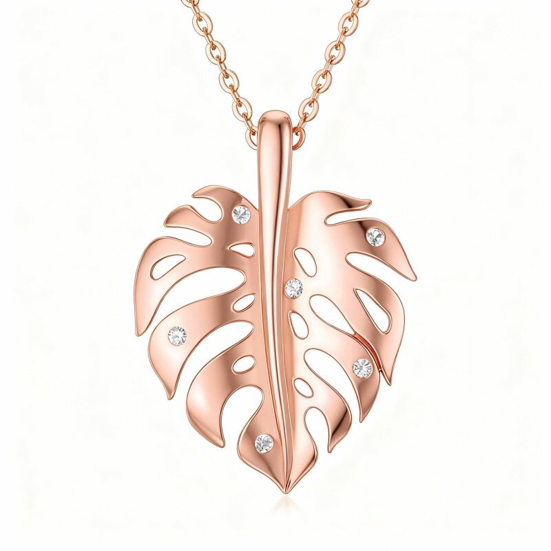 14K Rose Gold Cubic Zirconia Leaves Pendant Necklace-1