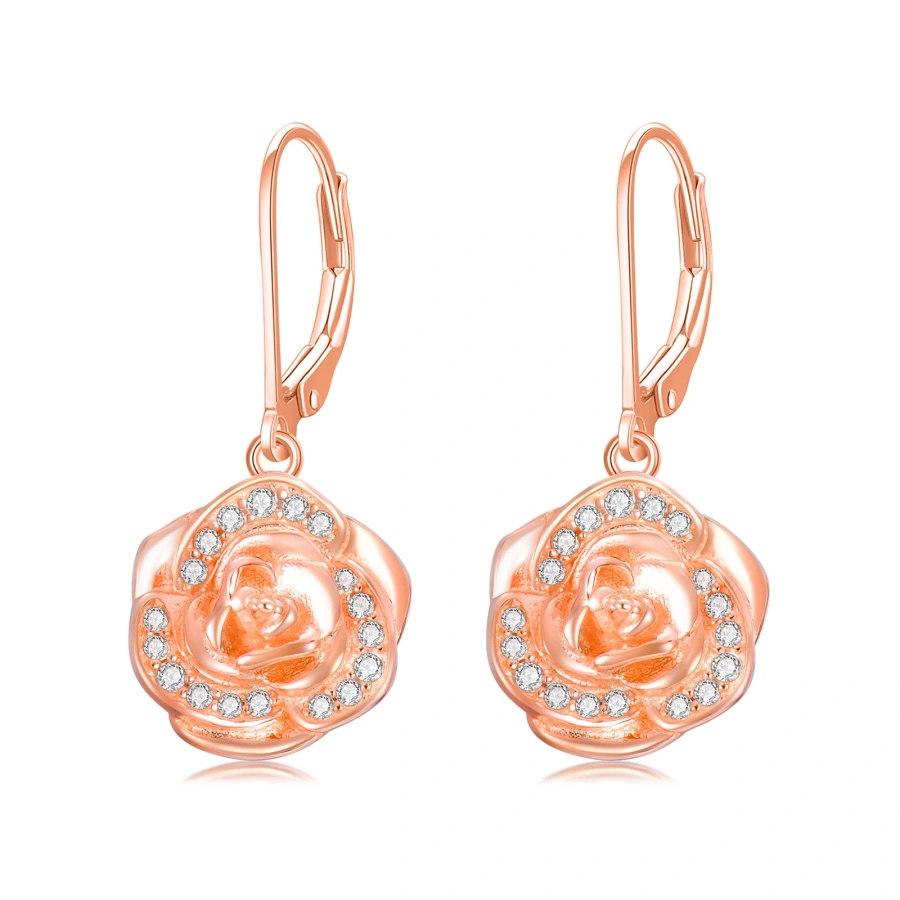 Sterling Silver with Rose Gold Plated Cubic Zirconia Rose Lever-back Earrings for Women-1