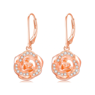 Sterling Silver with Rose Gold Plated Cubic Zirconia Rose Lever-back Earrings for Women-7