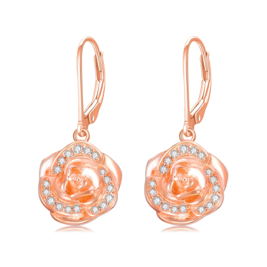 Sterling Silver with Rose Gold Plated Cubic Zirconia Rose Lever-back Earrings for Women