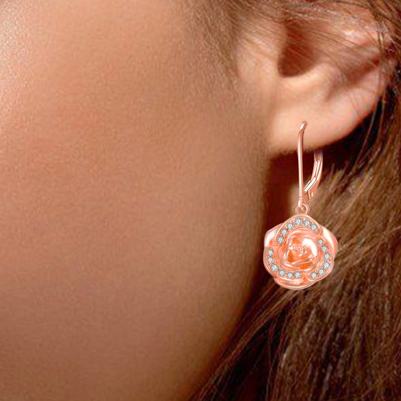 Sterling Silver with Rose Gold Plated Cubic Zirconia Rose Lever-back Earrings for Women-2