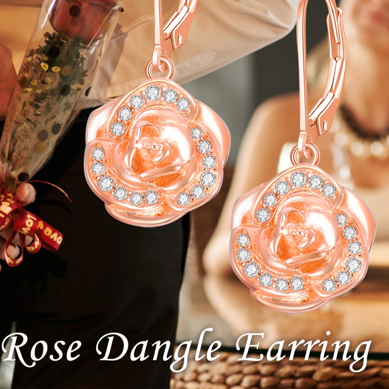 Sterling Silver with Rose Gold Plated Cubic Zirconia Rose Lever-back Earrings for Women-5