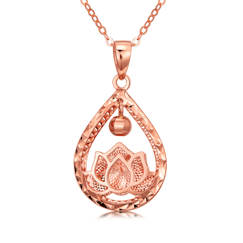10K Rose Gold Lotus & Drop Shape Pendant Necklace-2