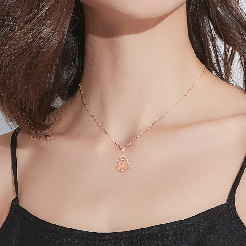 14K Rose Gold Lotus & Drop Shape Pendant Necklace-3