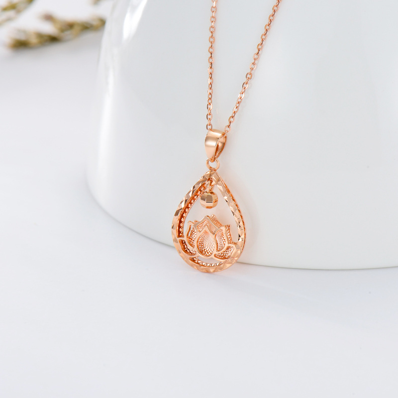 14K Rose Gold Lotus & Drop Shape Pendant Necklace-4