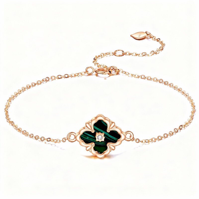 Pulsera con dije de trébol de cuatro hojas en oro rosa de 10 quilates con circonitas cúbicas y malaquita-1
