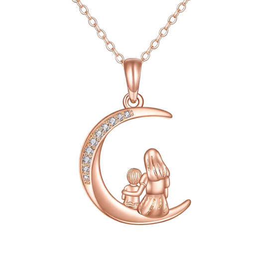 القلادة المصنوعة من الذهب الوردي عيار 10K على شكل هلال مع دلاية من الزركونيا المكعب، لصورة الأم والطفل