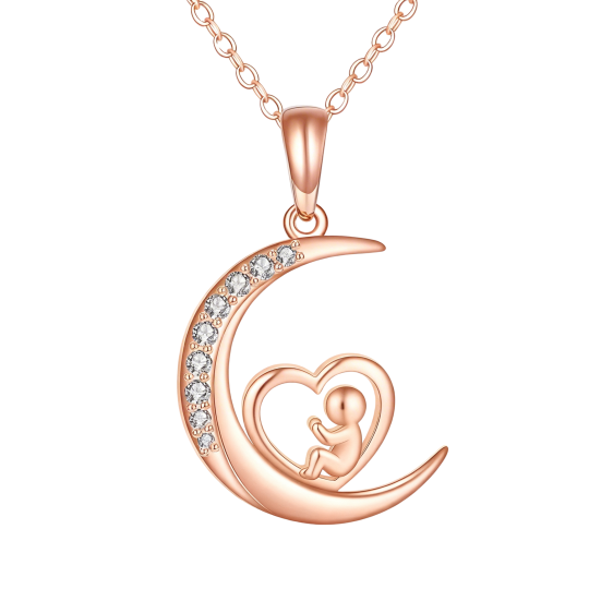 قلادة من الذهب الوردي عيار 10 قيراط مرصعة بالزركونيا المكعبة على شكل أم وقمر