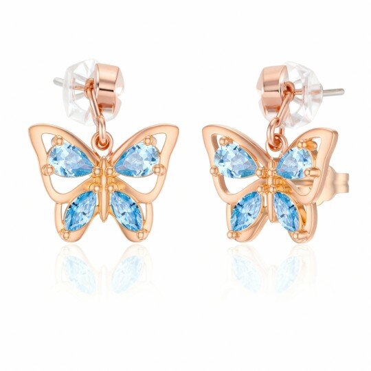Kolczyki-sztyfty z cyrkonii sześciennej w szlifie markiza 10K z różowego złota z motylem
