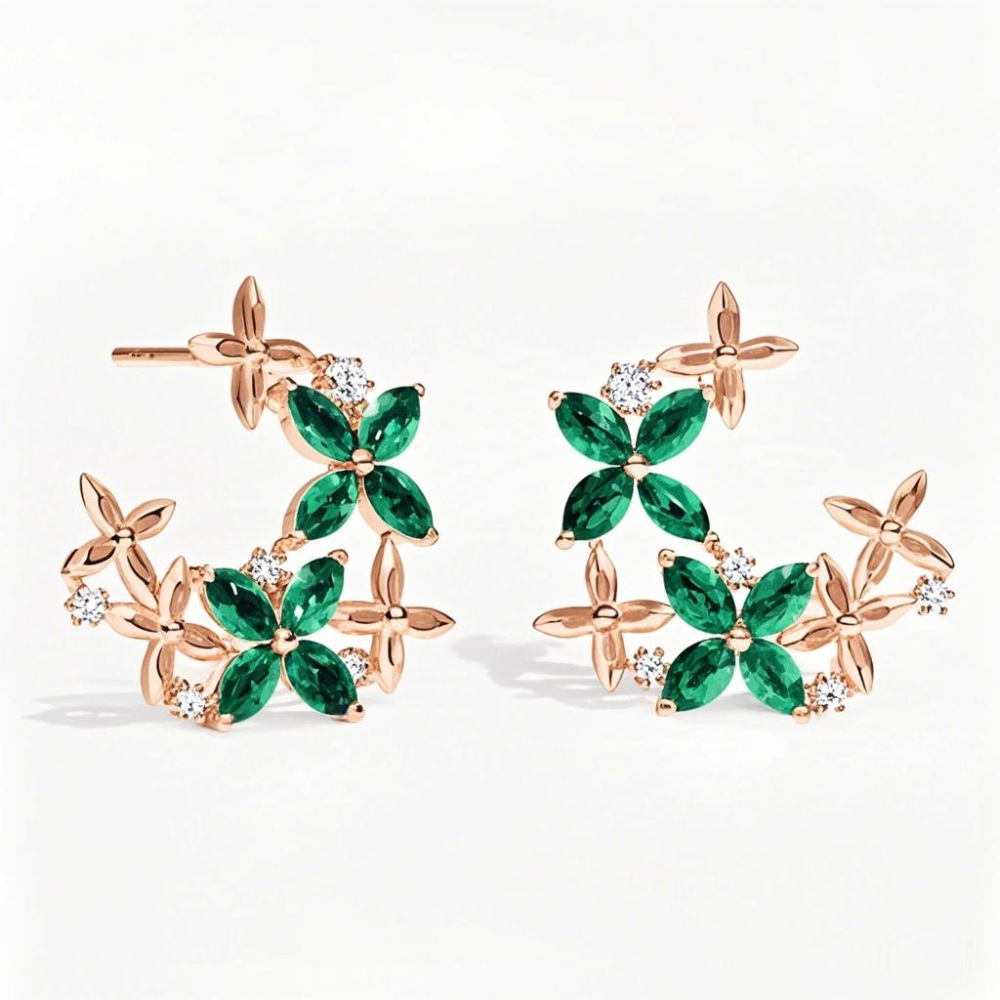 10K Rose Gold Marquise Cut Emerald Floral Lattice Diamond Hoop Earrings-1