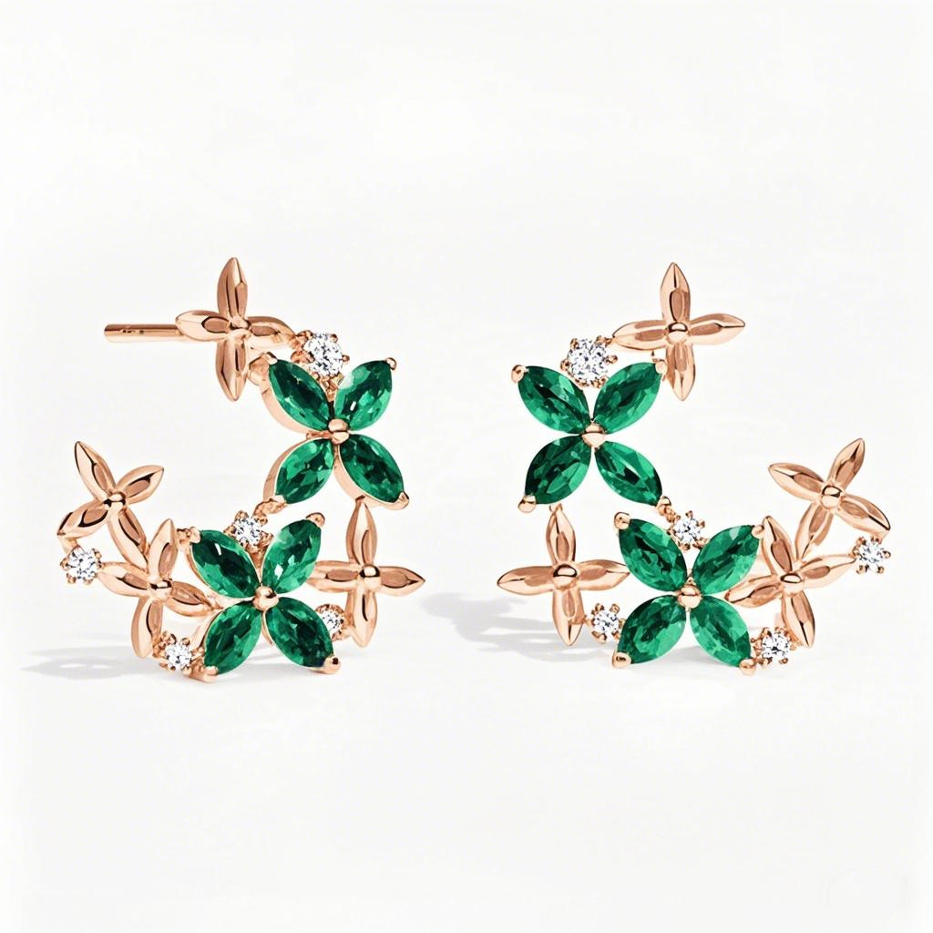 Aros de oro rosa de 18 quilates con esmeralda de talla marquesa y diseño floral enrejado de diamantes-1