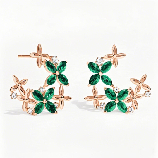 10K Rose Gold Marquise Cut Emerald Floral Lattice Diamond Hoop Earrings