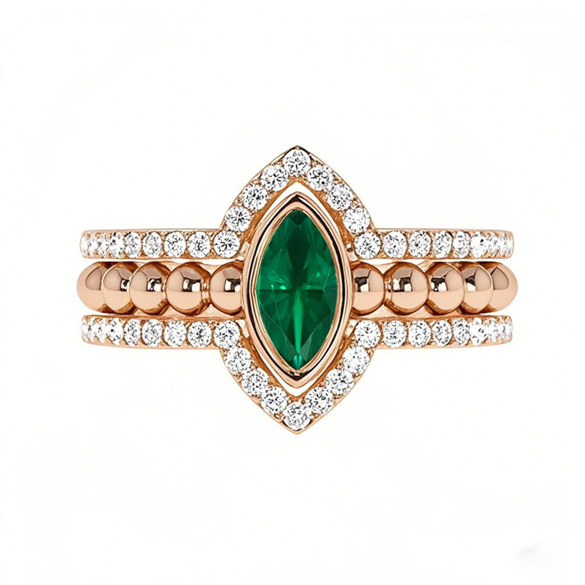 Anillo de oro rosa de 18 quilates con esmeralda de talla marquesa y bandas de diamantes anidadas-1