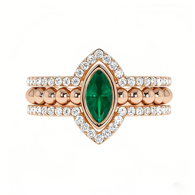 10K Rose Gold Marquise Cut Emerald Ring with Nesting Diamond Bands-1