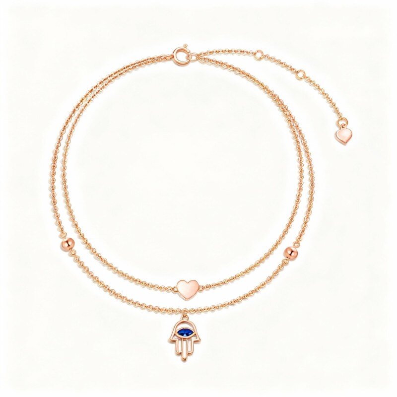10K Rose Gold Marquise Cut Cubic Zirconia Hamsa Hand & Heart Multi-layered Charm Anklet-1
