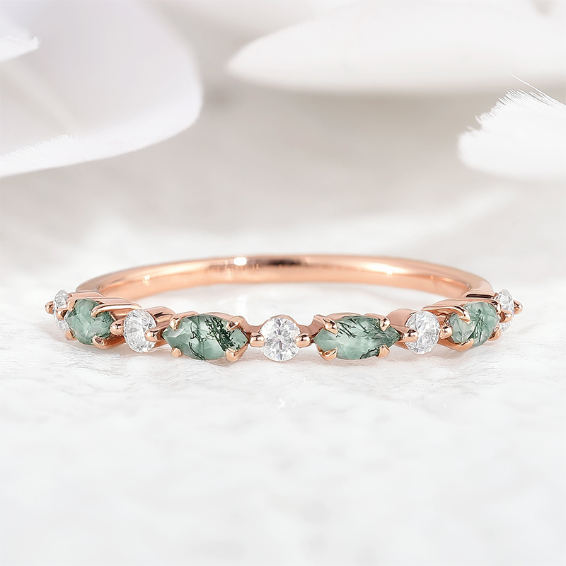 Anillo de bodas de oro rosa de 14 quilates con moissanita y ágata musgosa de talla marquesa-1