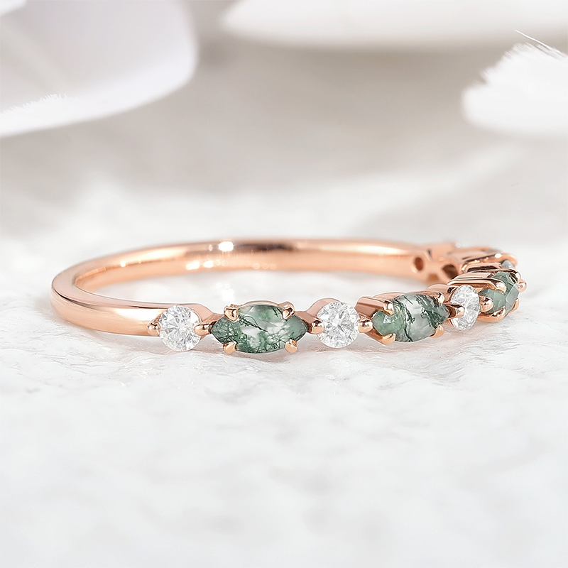 Anillo de bodas de oro rosa de 14 quilates con moissanita y ágata musgosa de talla marquesa-3