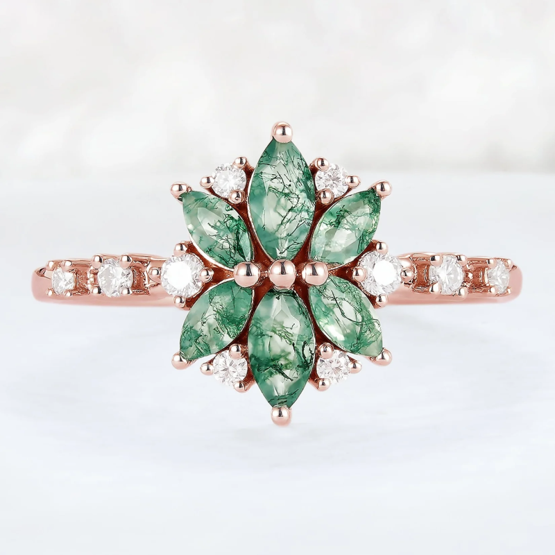 Sterling Silver with Rose Gold Plated Marquise Cut Moss Agate Ring-1