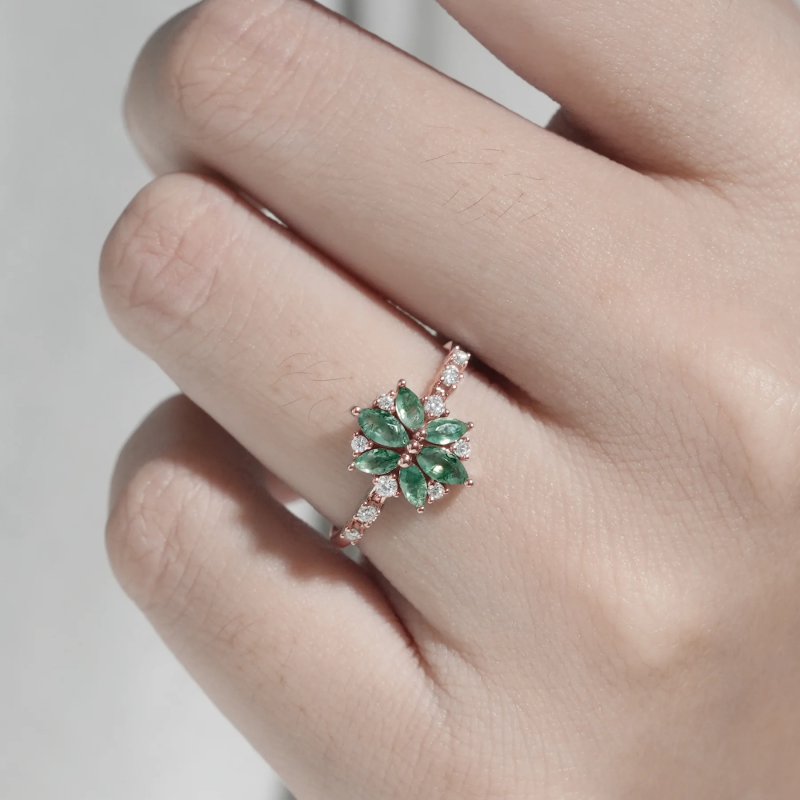 Sterling Silver with Rose Gold Plated Marquise Cut Moss Agate Ring-2