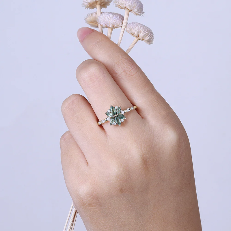 Sterling Silver with Rose Gold Plated Marquise Cut Moss Agate Ring-3