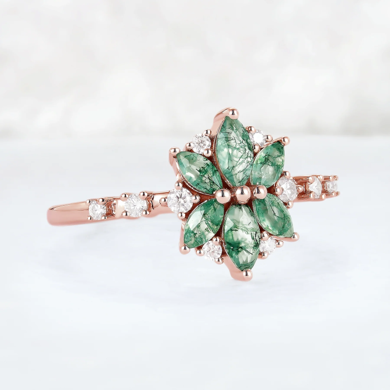 Sterling Silver with Rose Gold Plated Marquise Cut Moss Agate Ring-4