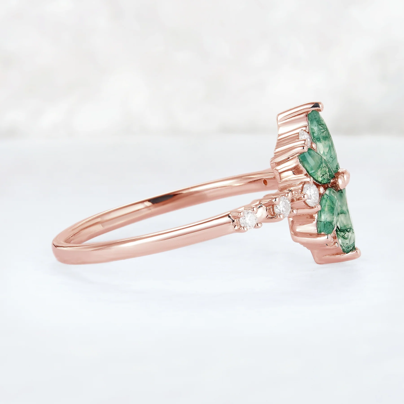 Sterling Silver with Rose Gold Plated Marquise Cut Moss Agate Ring-5