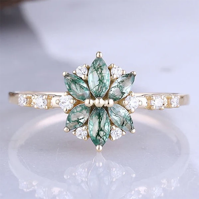 Sterling Silver with Rose Gold Plated Marquise Cut Moss Agate Ring-7