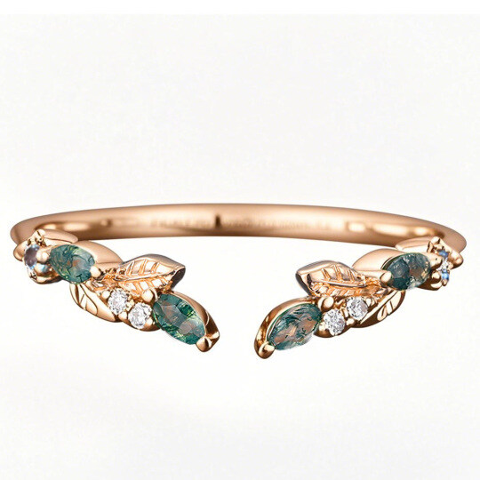 Aliança de casamento em ouro rosa 18K com ágata musgosa lapidada em formato marquise.