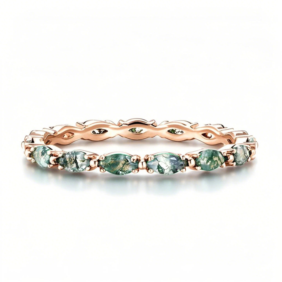 Anillo de bodas de oro rosa de 18 quilates con ágata musgosa de talla marquesa-1