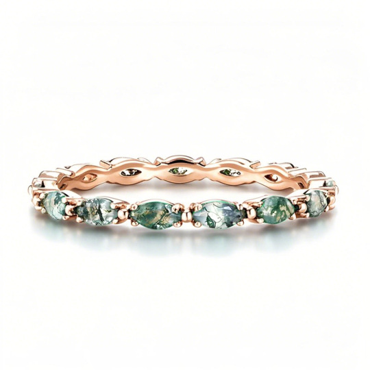 10K Rose Gold Marquise Cut Moss Agate Wedding Ring