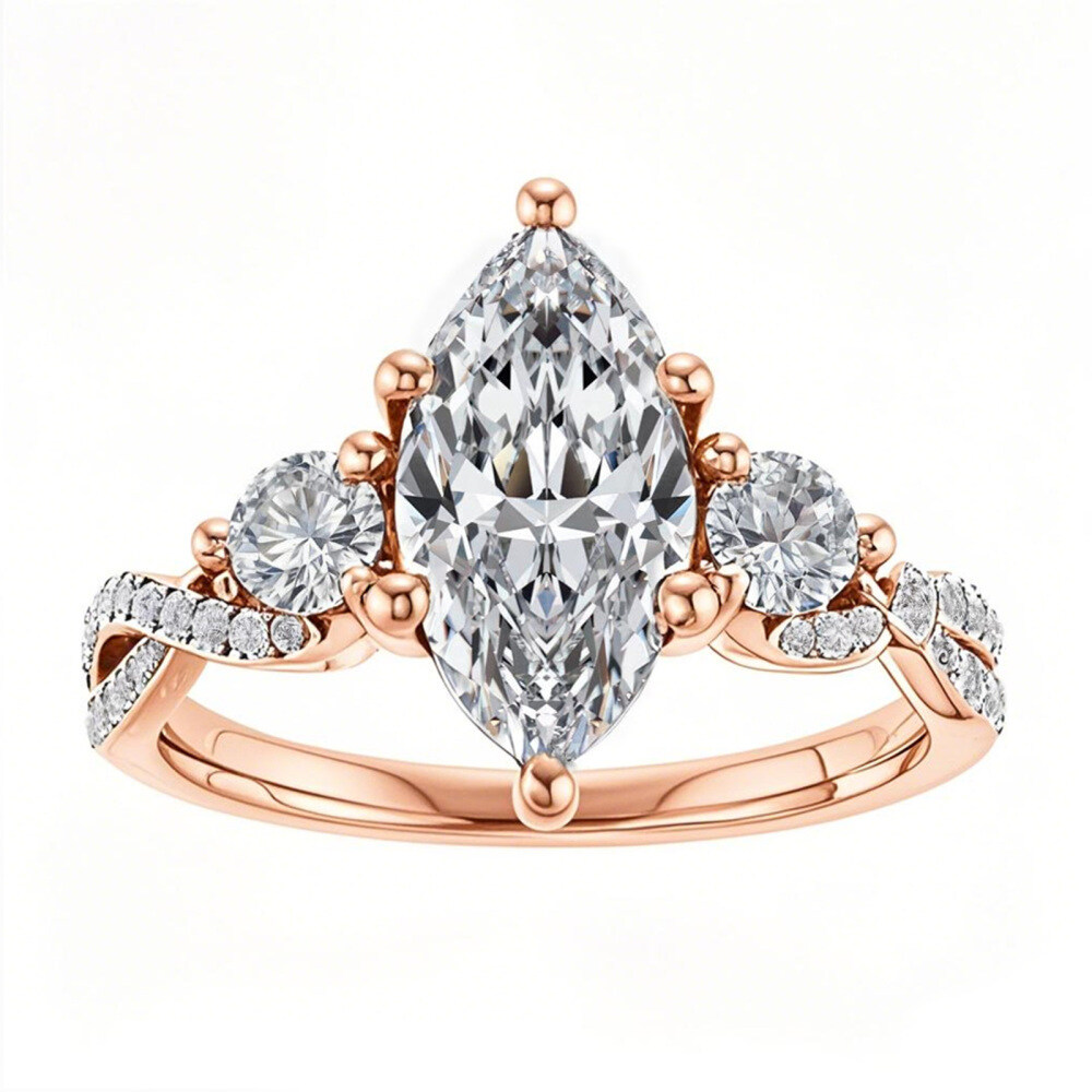 Anel de noivado em moissanita com três pedras em ouro rosa 14K e lapidação marquise-1